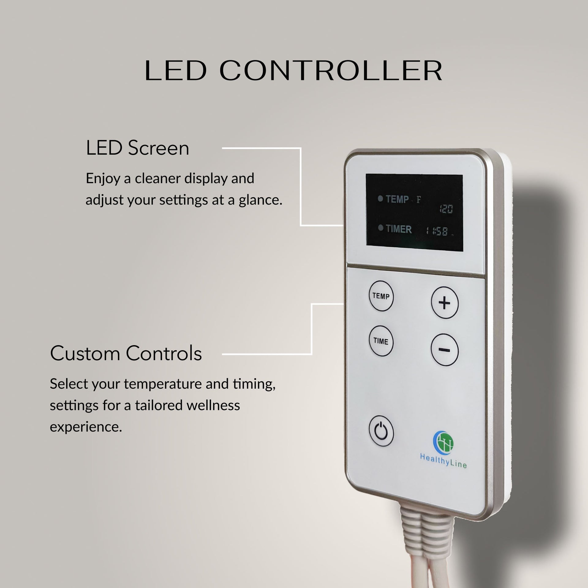 
                  
                    Heat-only LED controller: simple digital display for temperature and time settings, no PEMF or photon controls
                  
                