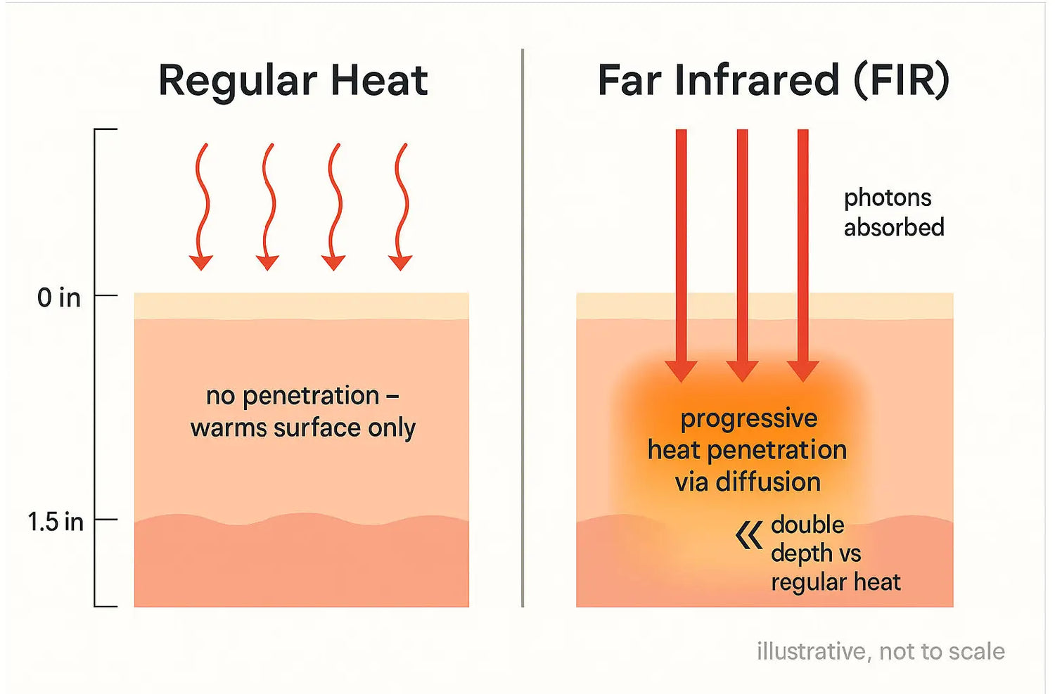Diagram comparing regular heat (surface only) vs. far infrared heat, which penetrates 1.5 inches deep via photon diffusion