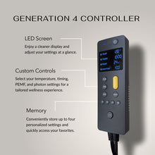 HealthyLine Gen 4 digital controller for the Jet Series mat, showing the LED screen, control buttons, and yellow power indicator, connected by cable