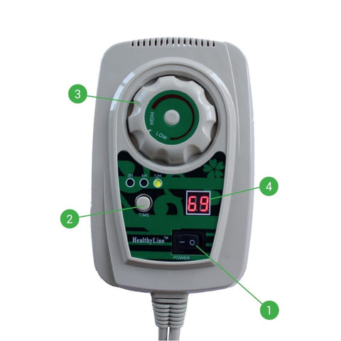 Green Controller Heat Only: Power switch, timer button, temperature dial, LED display