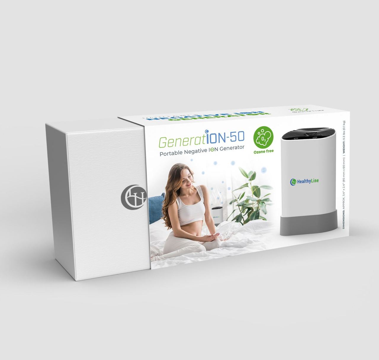 
                  
                    Negative Ion Generator box showing an ozone-free device and woman on a bed.
                  
                