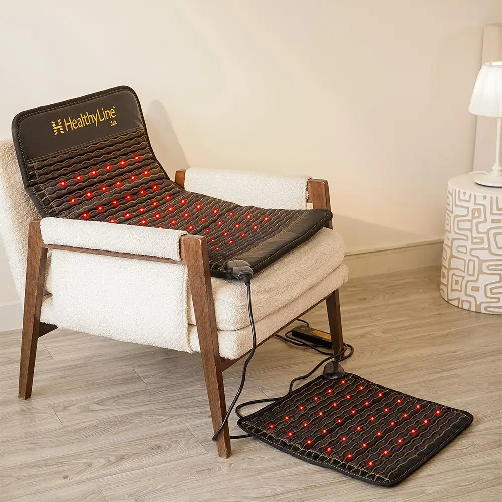 White modern armchair with the Jet 4024 mat fitted over the back and seat cushion, and a smaller square mat  Jet 2020 placed on the floor below, showing two usage configurations