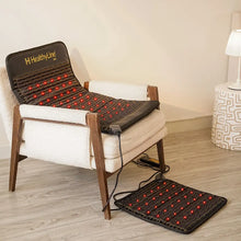 White modern armchair with the Jet 4024 mat fitted over the back and seat cushion, and a smaller square mat  Jet 2020 placed on the floor below, showing two usage configurations