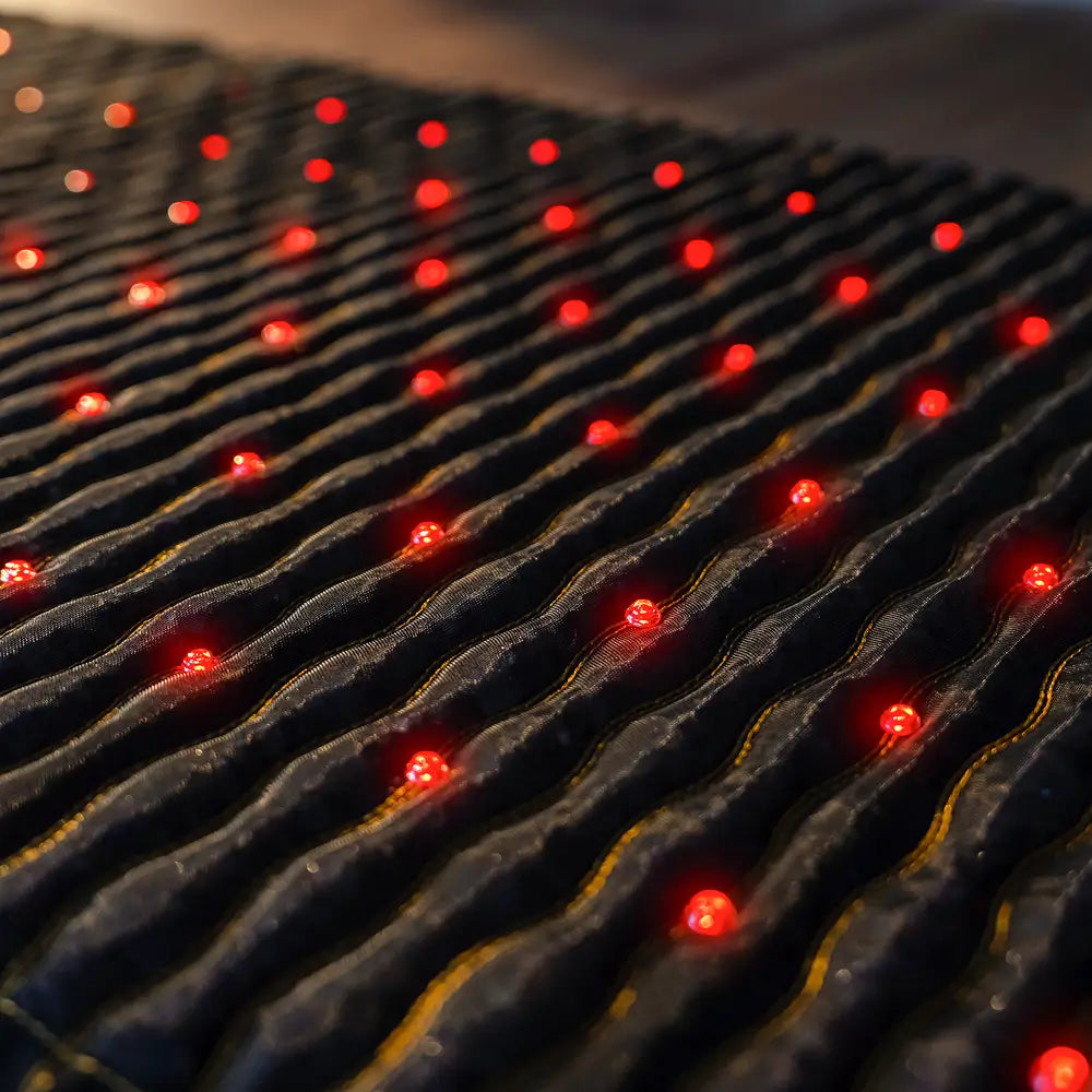 Close-up of the Jet mat surface showing the dark fabric with wave-pattern gemstone channels and evenly spaced red photon lights across the full mat