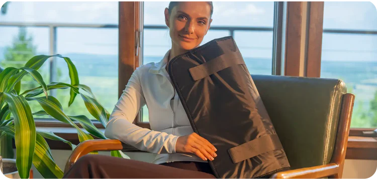 Woman seated in a chair holding the Jet mat 20x20 against her shoulder and upper back