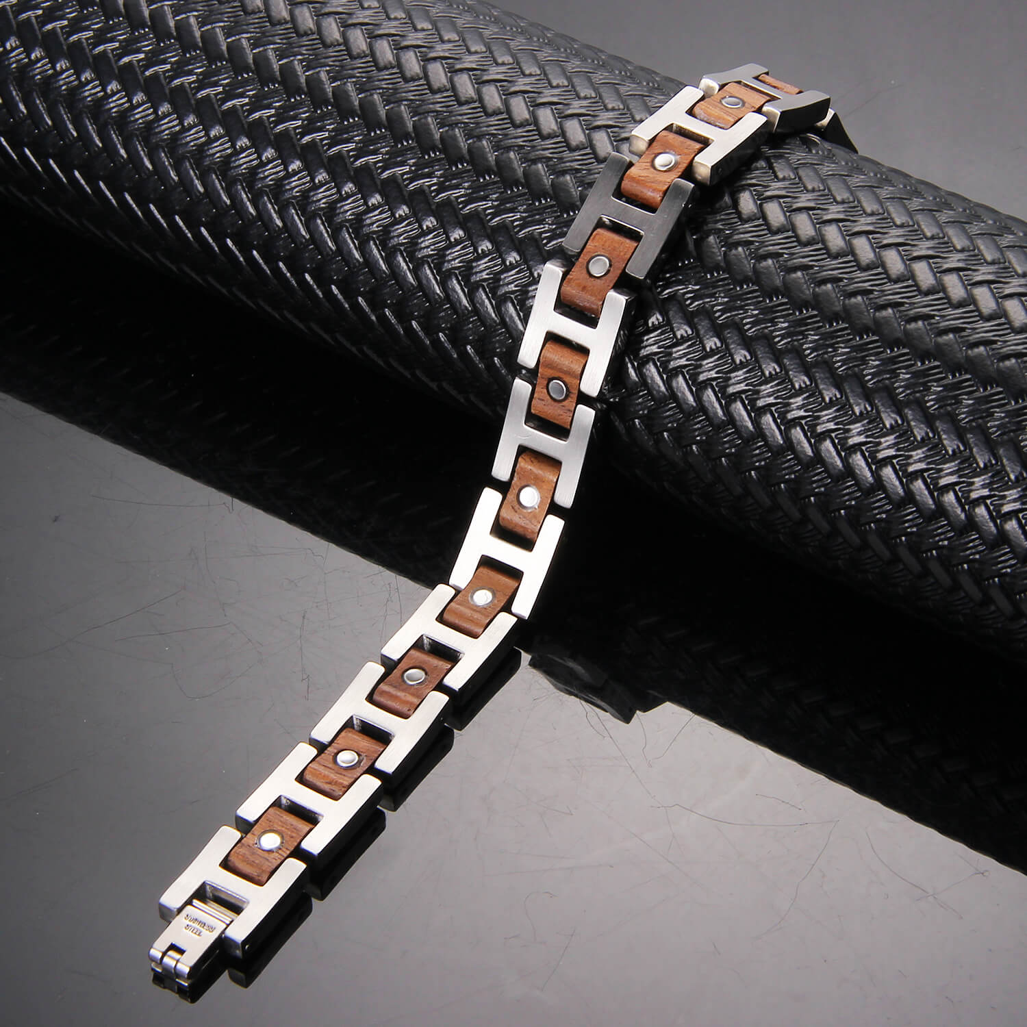 
                  
                    Wood and Stainless Steel Magnetic Bracelet. 3 Colors available. Model WB009
                  
                