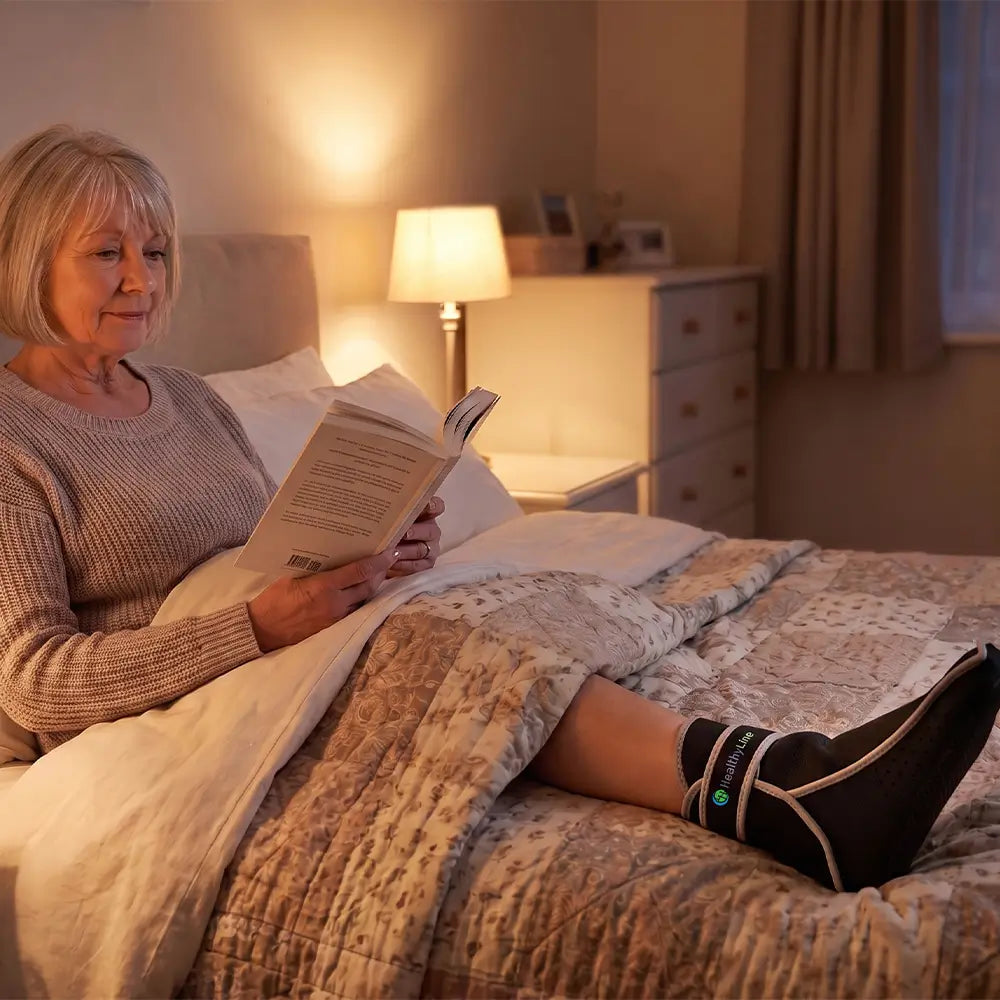 Woman reading in bed while wearing a HealthyLine heat therapy foot wrap in the evening.
