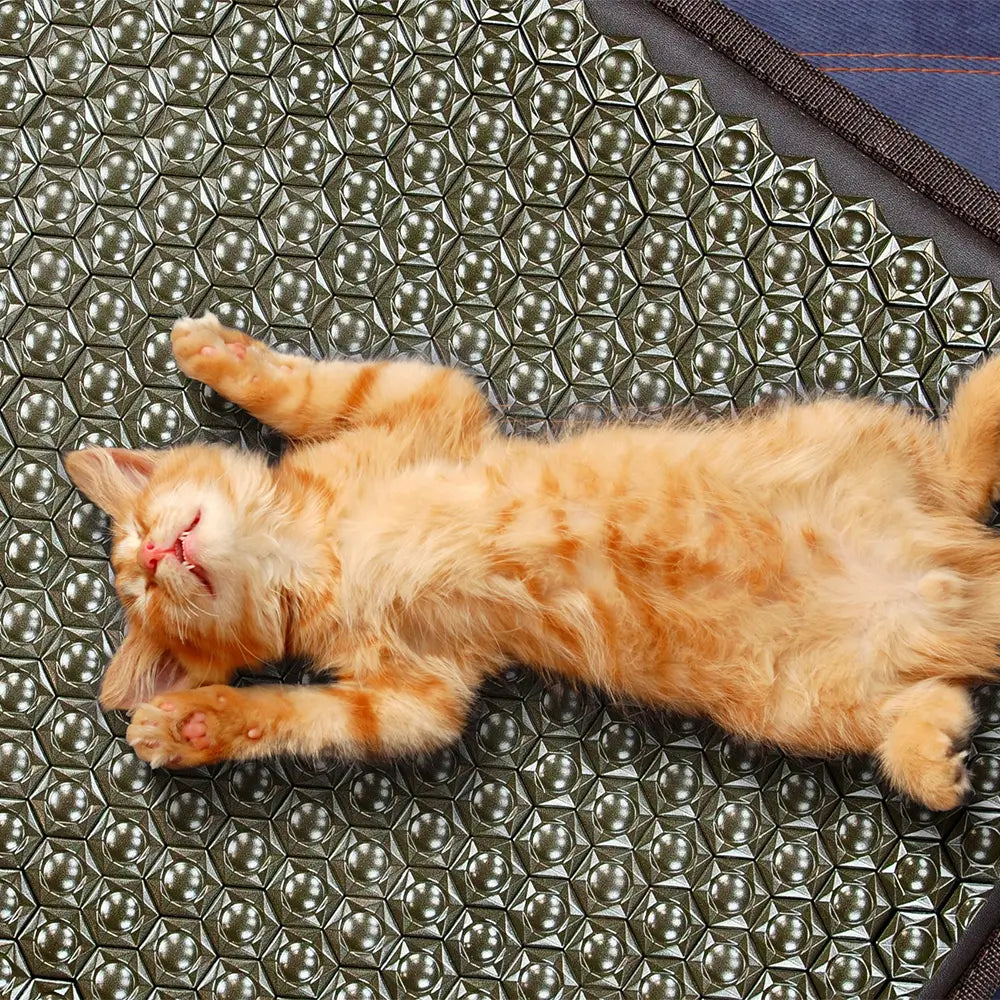 Orange kitten sleeping belly-up on the Pet Mat 3220 textured surface
