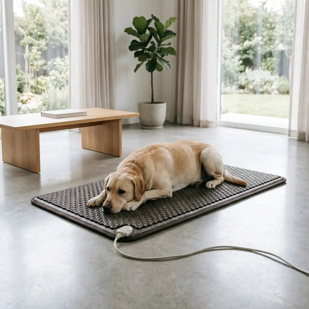 Golden retriever resting on the Pet Mat 5024 heating pad, plugged in, in a sunlit living room
