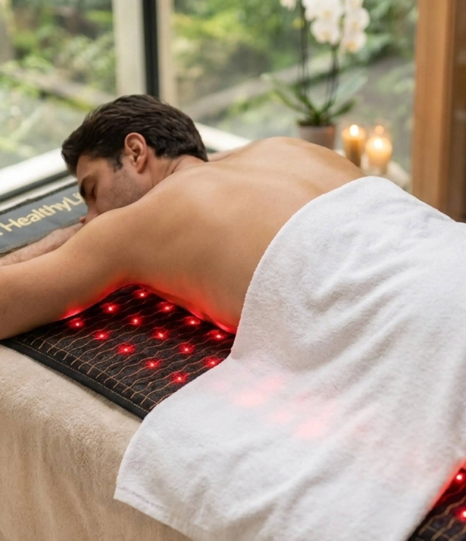 Man lying face down on a spa table with a Jet mat warming his lower back, towel draped over him.