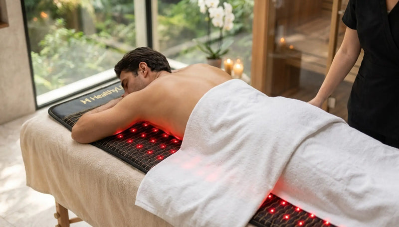 Man lying face down on a spa table with a Jet mat warming his lower back, towel draped over him.