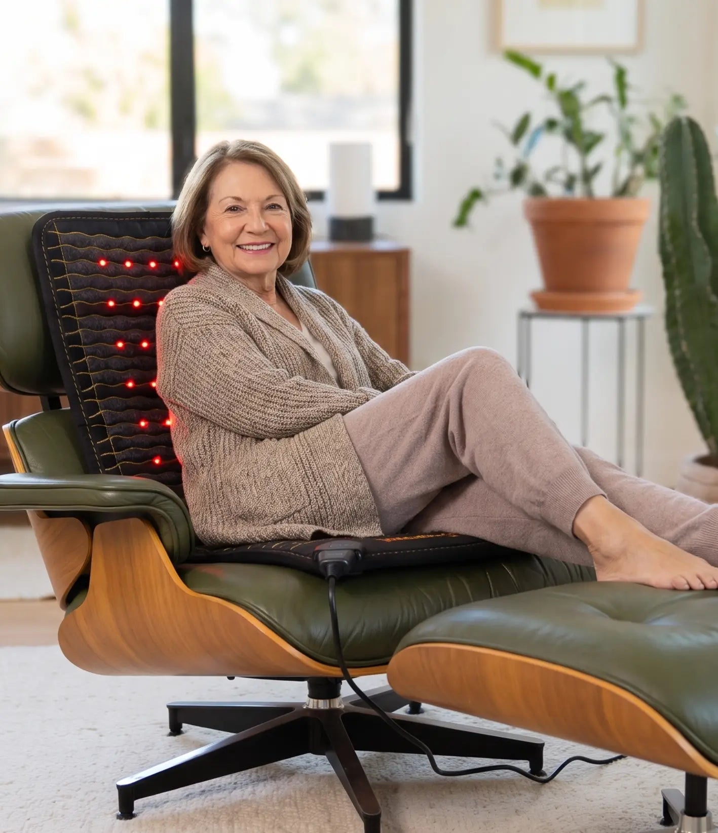 Smiling older woman relaxing in a lounge chair with a Jet mat lining the seat and backrest.
