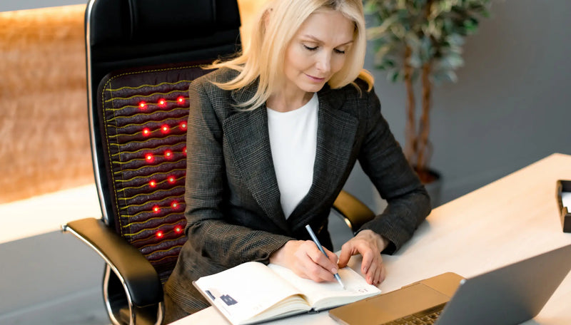 Businesswoman working at her desk with a Jet mat draped over her office chair for lumbar support.