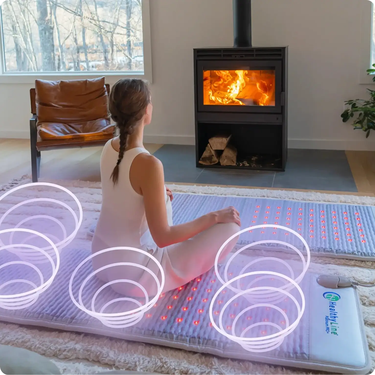 Woman meditating on the HealthyLine Platinum PRO+ Mat 7224 with illustrated PEMF waves and red infrared LEDs by a fireplace