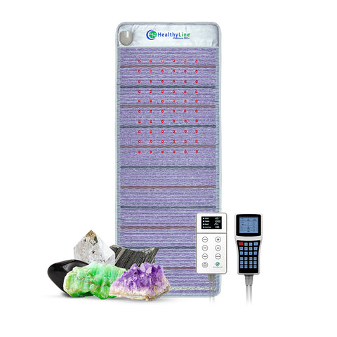 Platinum 74x28 mat in silver-grey fabric with amethyst, jade, tourmaline, quartz gemstones and two LED controllers shown