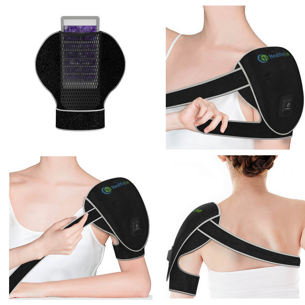 Portable Heated Gemstone Pad Shoulder Model by HealthyLine in use
