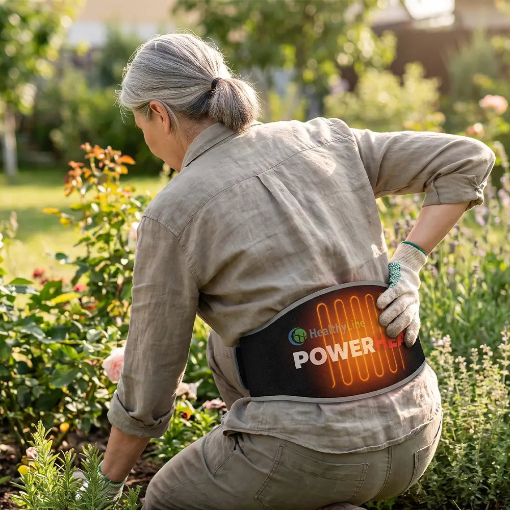 Older woman wearing HealthyLine PowerHeat heat therapy belt on lower back while kneeling and gardening.
