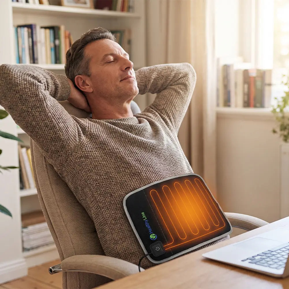 Man relaxing in office chair with a HealthyLine portable heat therapy pad on his abdominal 
