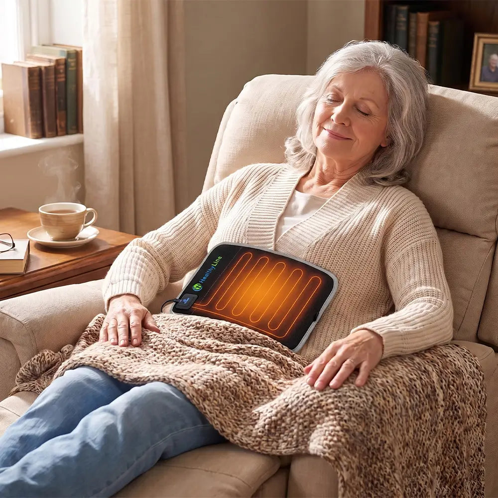 Woman relaxing in armchair with a HealthyLine portable heat therapy pad on her abdomen.
