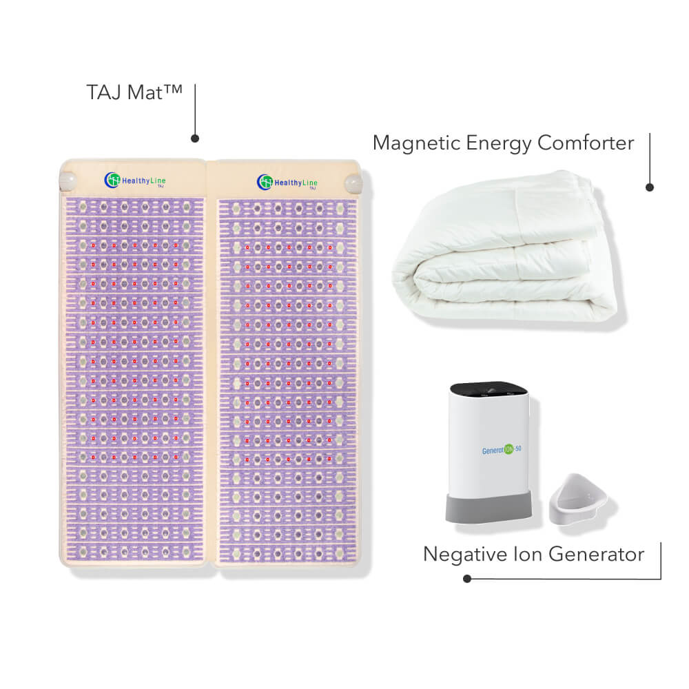 TAJ-Mat™ Queen/King Split Gift Set with Cotton Magnetic Energy Comforter and Negative Ion Generators, designed to improve sleep and overall wellness