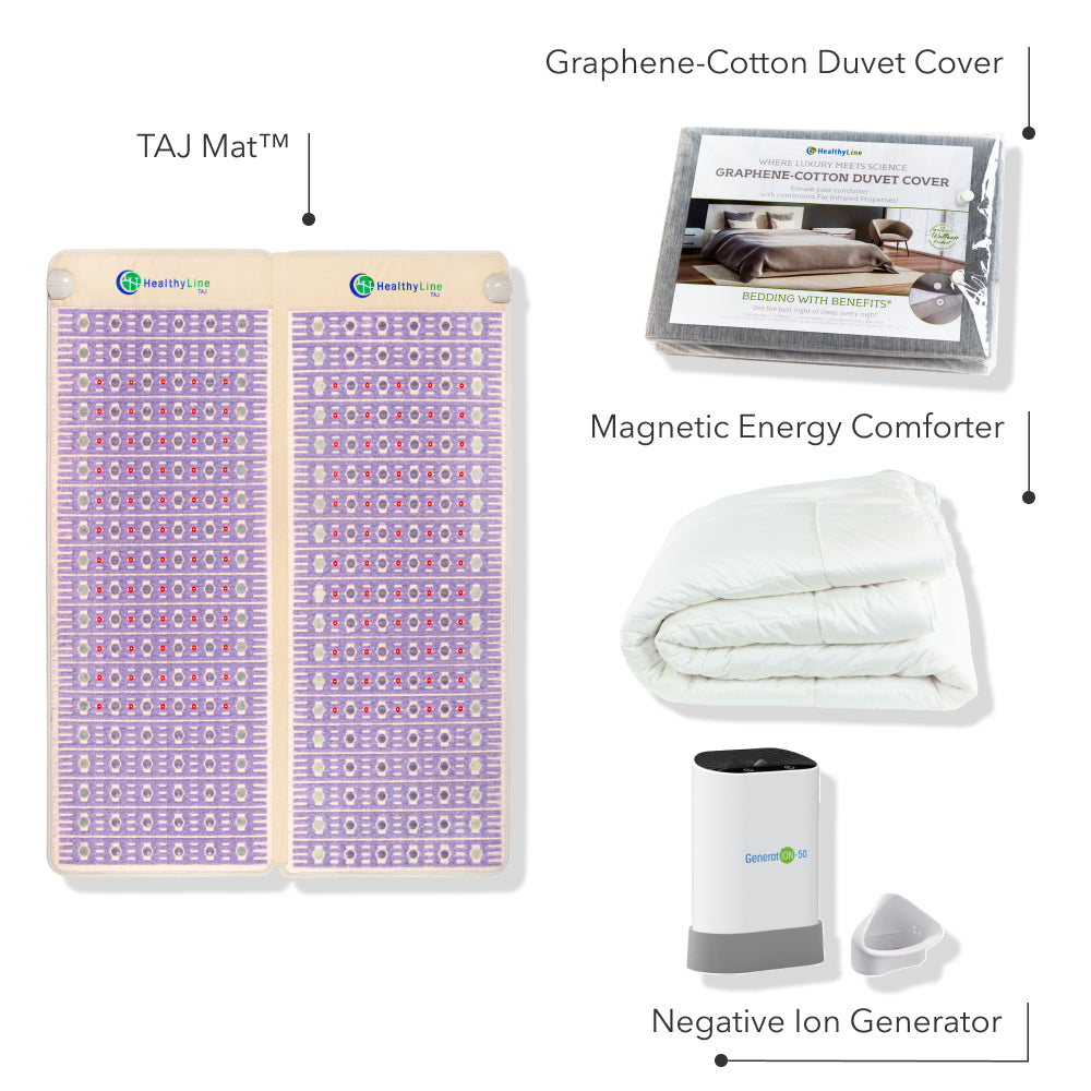 Royal Sleep Gift Set (Queen) featuring TAJ-Mat™ Queen, Negative Ion Generator, Magnetic Energy Comforter, and Graphene-Cotton Duvet Cover for ultimate sleep wellness