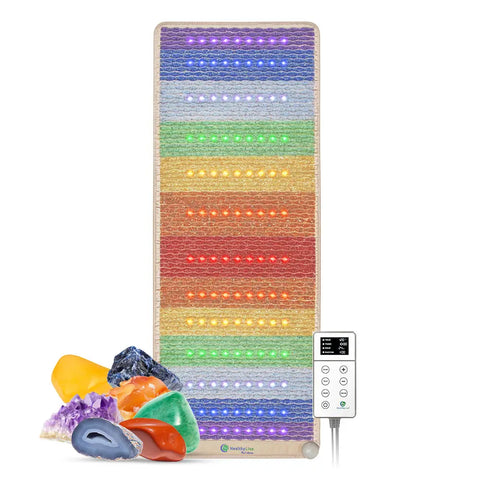 Rainbow Chakra 74x28 mat with 7 horizontal chakra gemstone bands: amethyst, sodalite, blue lace agate, green aventurine, yellow aventurine, carnelian, red jasper