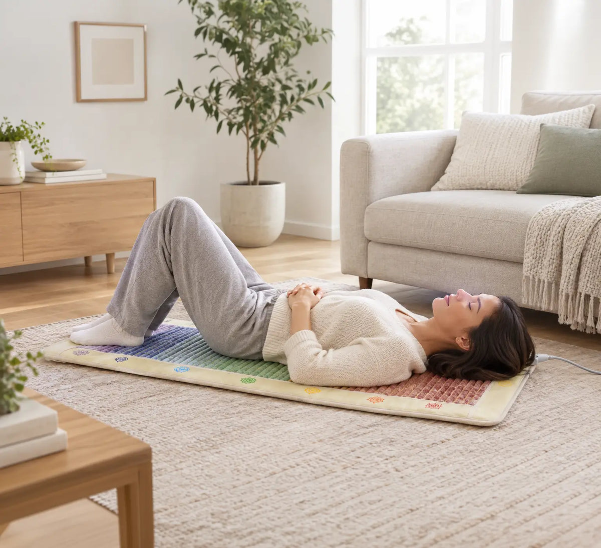 Person lying on their back with knees bent, relaxing on the Rainbow Chakra 4224 mat
