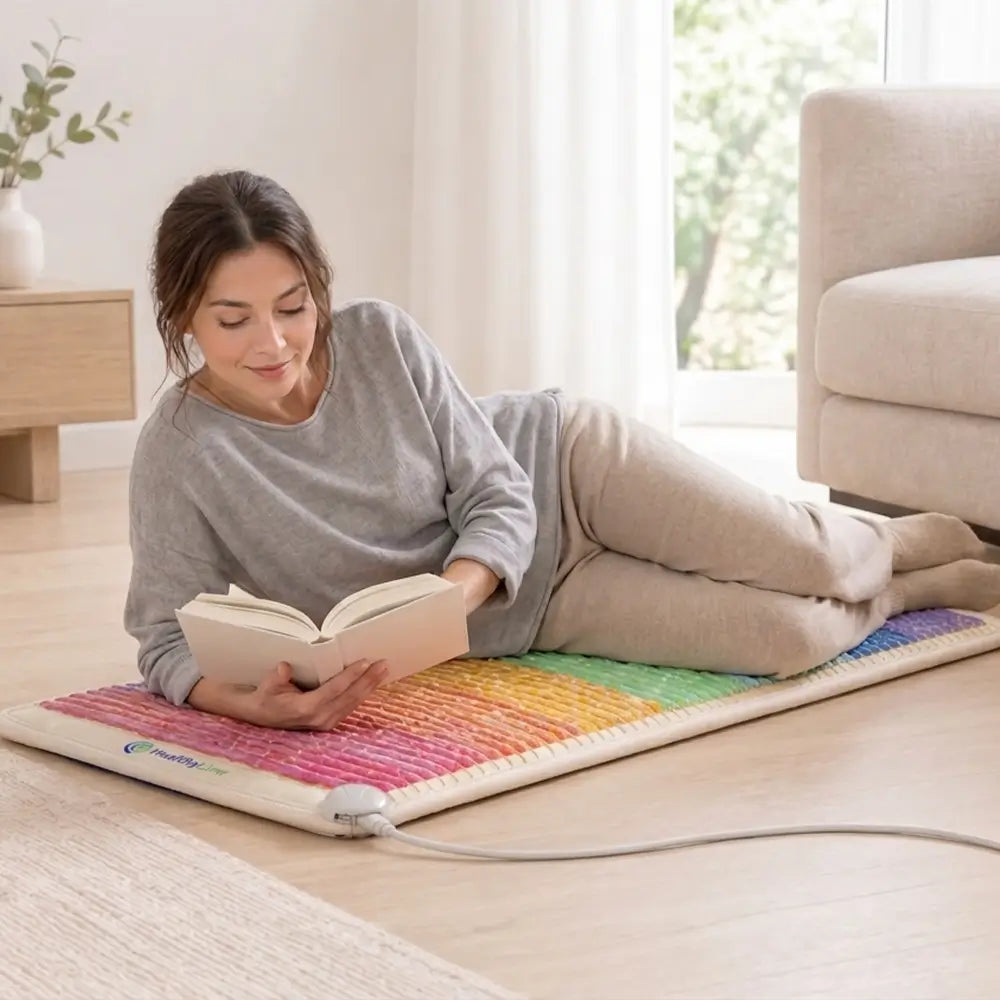 Person lying on the Rainbow Chakra 4020 mat reading a book on the floor
