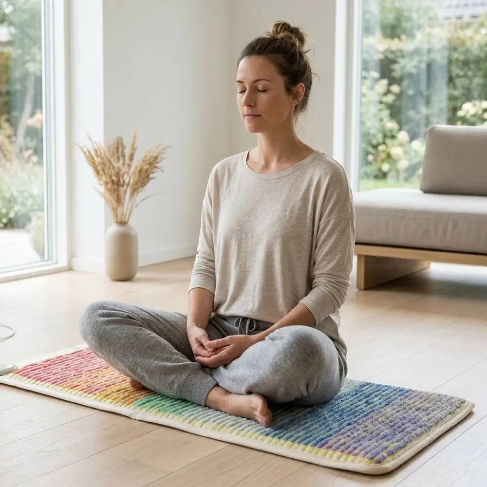 Person meditating cross-legged on the Rainbow Chakra 5024 mat at home
