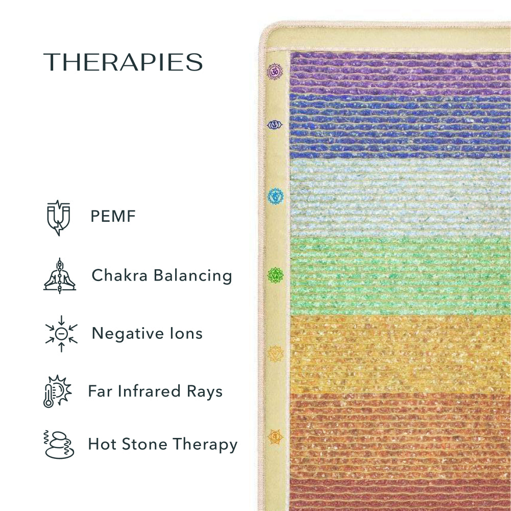 Rainbow Chakra mat therapies: PEMF, Chakra Balancing, Negative Ions, Far Infrared Rays, Hot Stone Therapy
