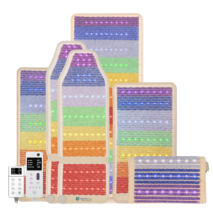 Rainbow Chakra Series mat lineup showing all sizes in 7-color chakra gemstone band pattern with photon lights on