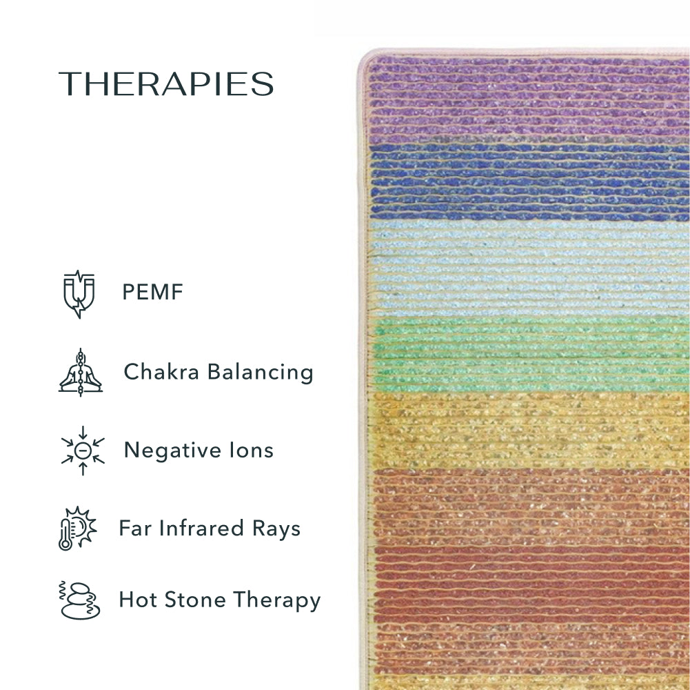Rainbow Chakra mat therapies: PEMF, Chakra Balancing, Negative Ions, Far Infrared Rays, Hot Stone Therapy
