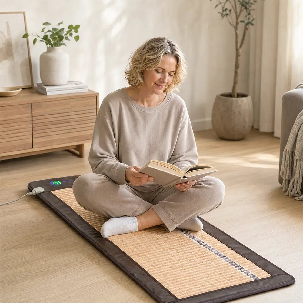 Person sitting cross-legged reading a book on the Soft 7224 mat
