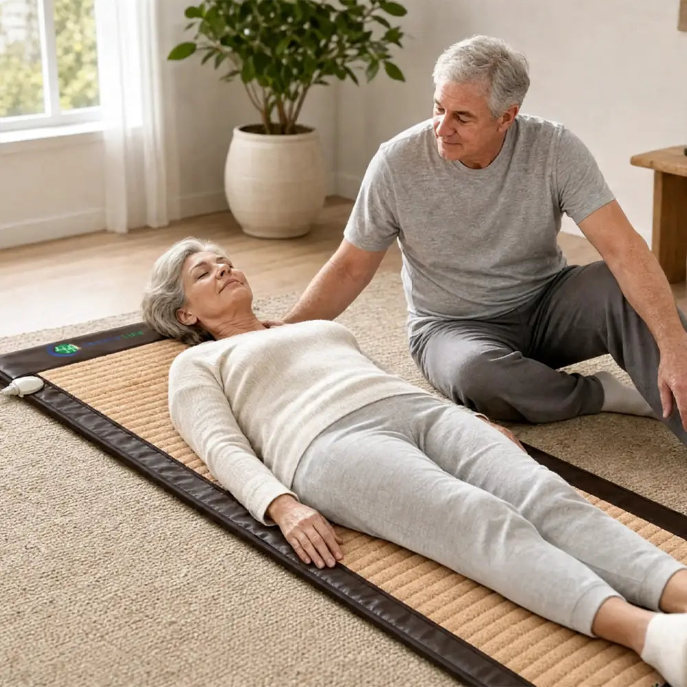 Person lying on the Soft 7224 mat on the floor while another person kneels beside them
