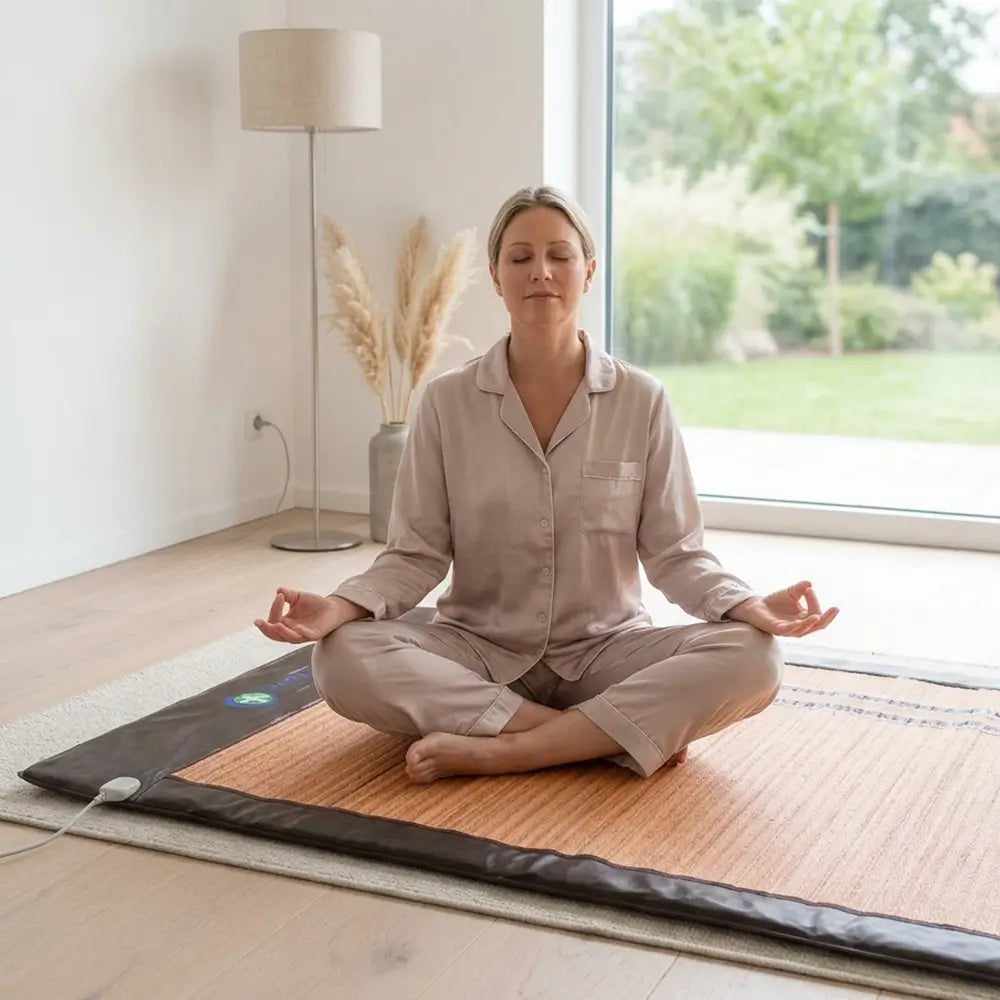 Person meditating cross-legged on the Soft 8054 mat at home

