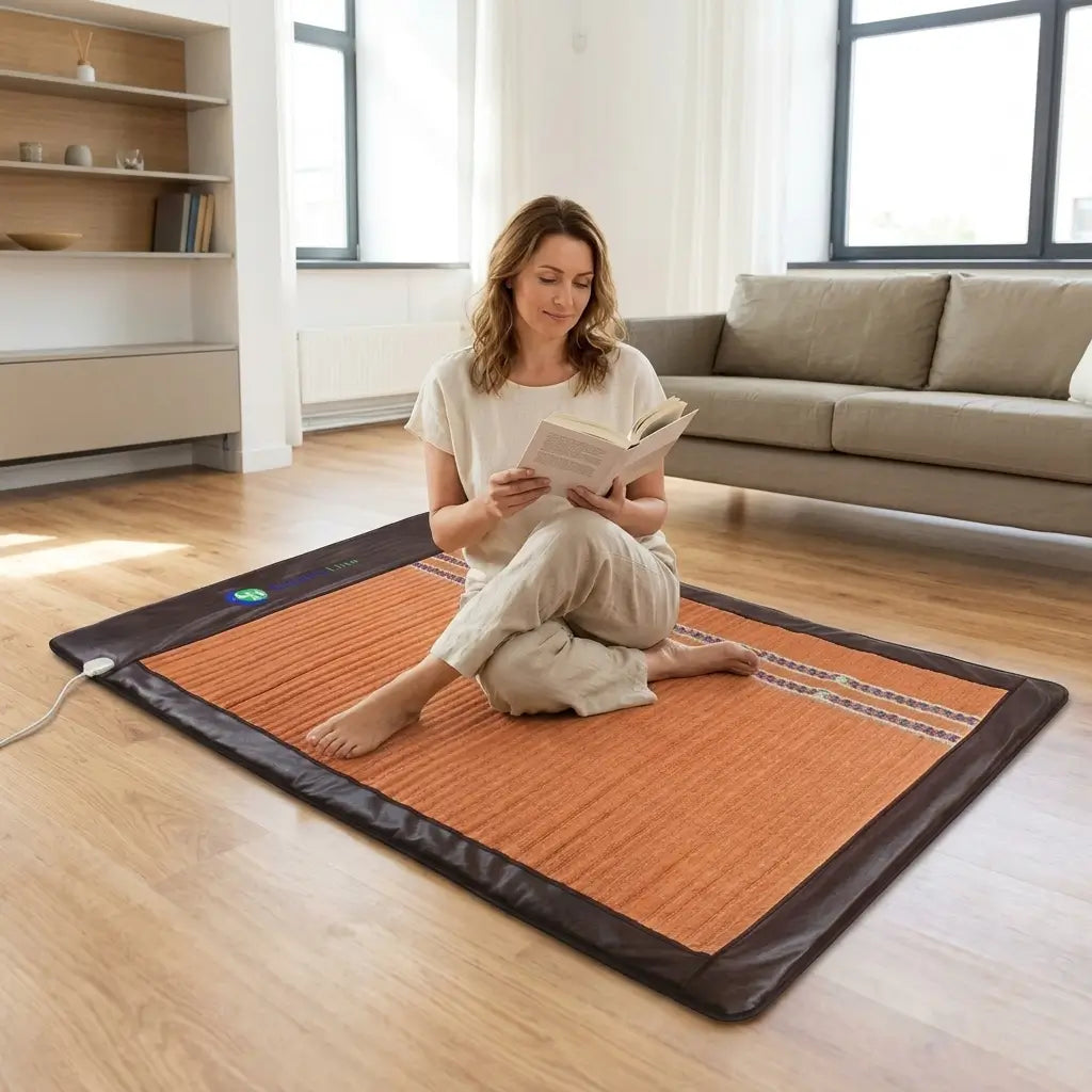 Person sitting cross-legged reading a book on the Soft 8054 mat
