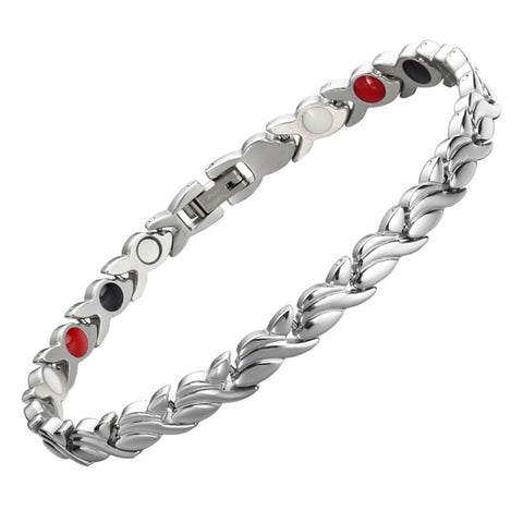 Silver stainless steel energy bracelet featuring an elegant twisted wave link design and fold-over clasp