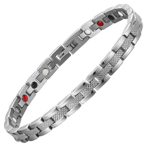 Side view of the Stainless Steel Energy Bracelet 4-in-1 in Silver Color with Magnets, Negative Ions, Far-Infrared Rays, and Germanium