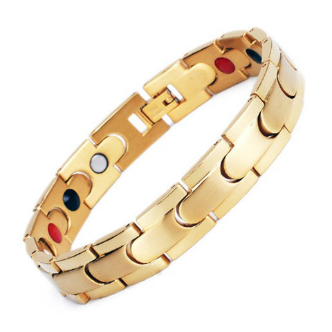 Stainless Steel Energy Bracelet 4-in-1 Model in Gold Color with Magnet and Negative Ions on a white background
