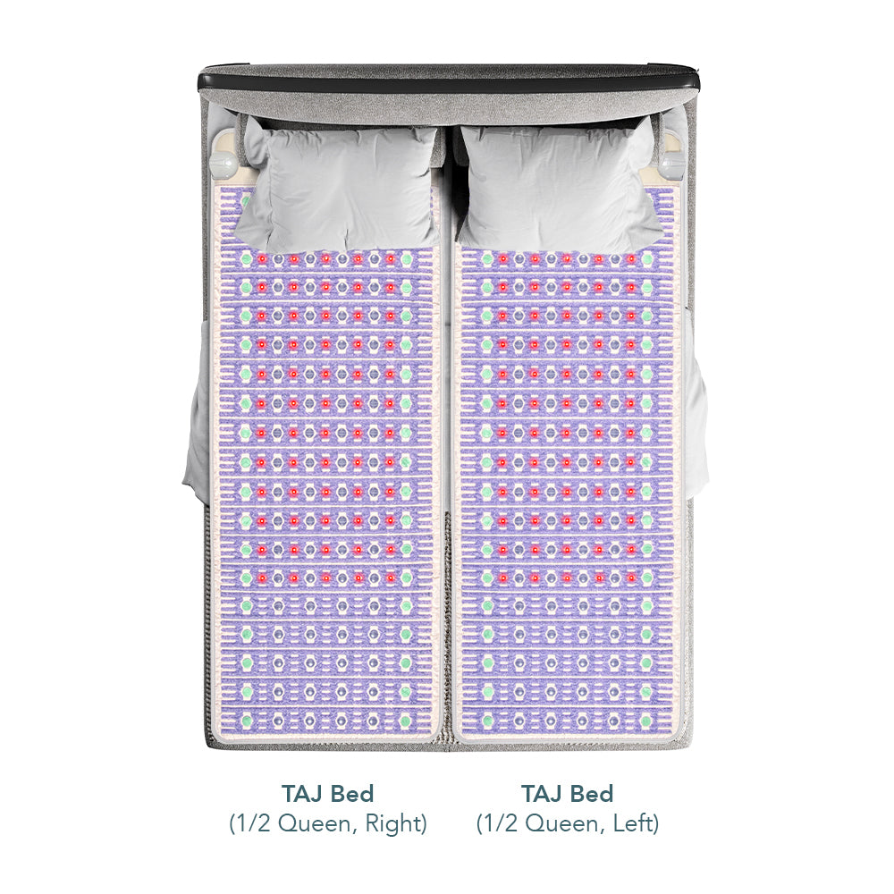 
                  
                    TAJ Bed Series mattress topper in lavender, shown as two half-mats joined with amethyst, jade, and tourmaline gemstones.
                  
                