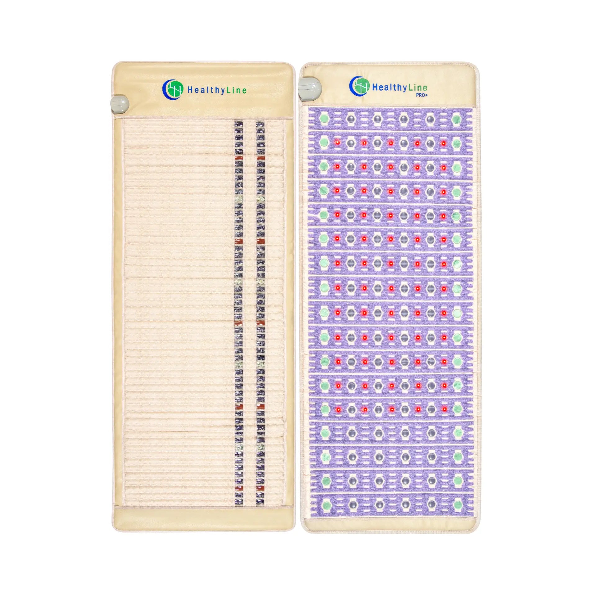 The left side shows the soft 74x28, tan-colored top mat with gemstone vertical stripes; the right side shows the base mat, TAJ 74x28
