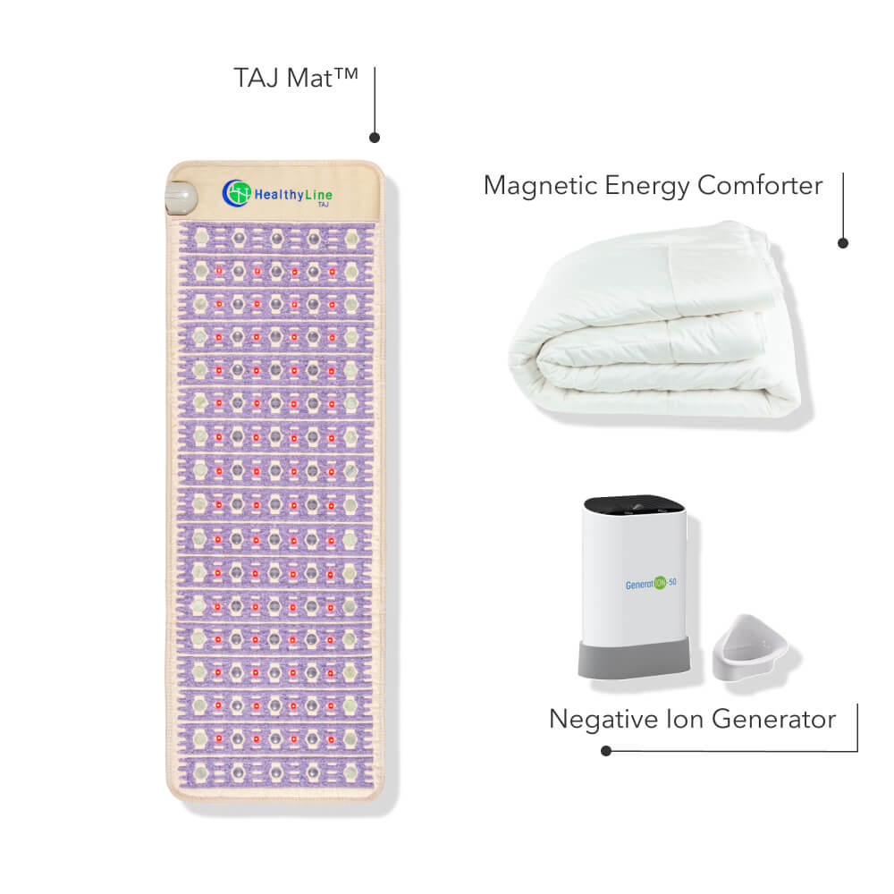 TAJ-Mat™ Bundle featuring TAJ Mat, Cotton Magnetic Energy Comforter, and Negative Ion Generator for natural wellness solutions and improved health at a cellular level