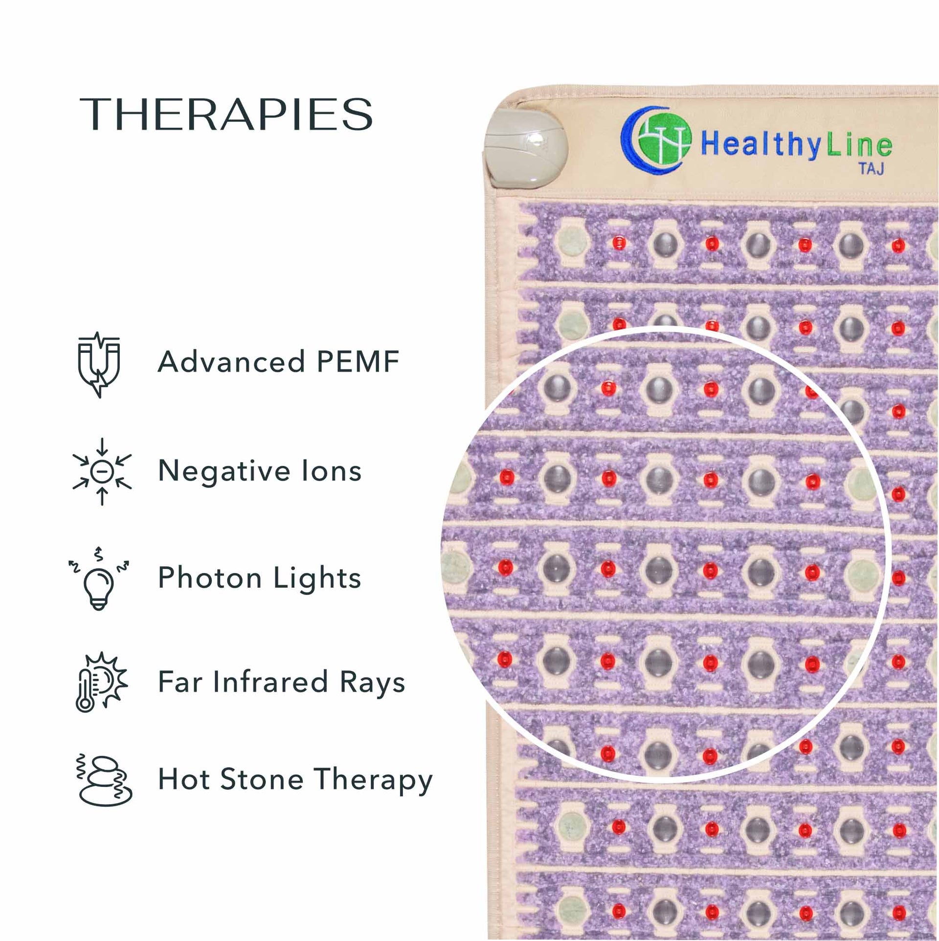 
                  
                    The TAJ Mat™ offering PEMF, Far-Infrared, Photon Light, Hot Stone, and Negative Ion Therapy
                  
                