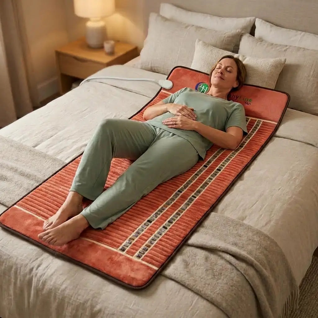 Person relaxing on the TAO 8040 mat on a bed with hands on stomach
