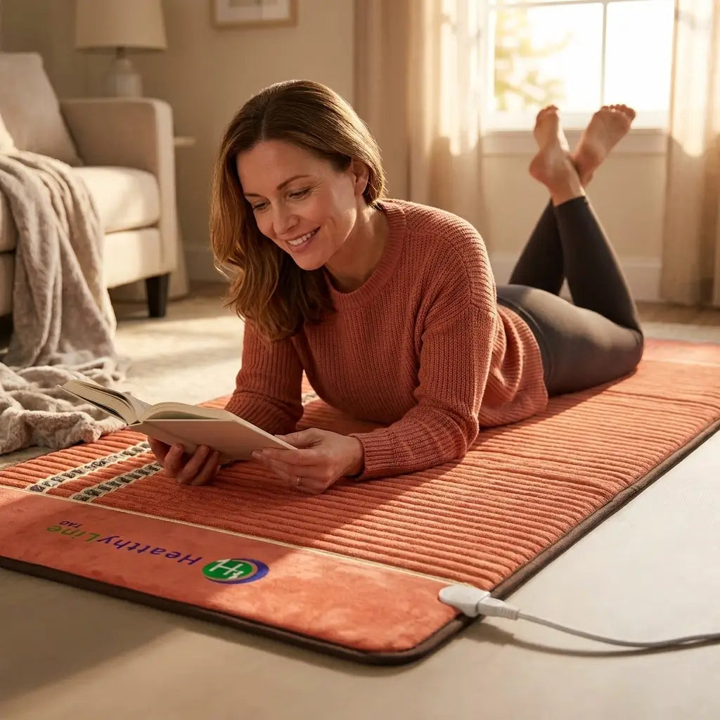 Person lying on the TAO 8040 mat reading a book on the floor
