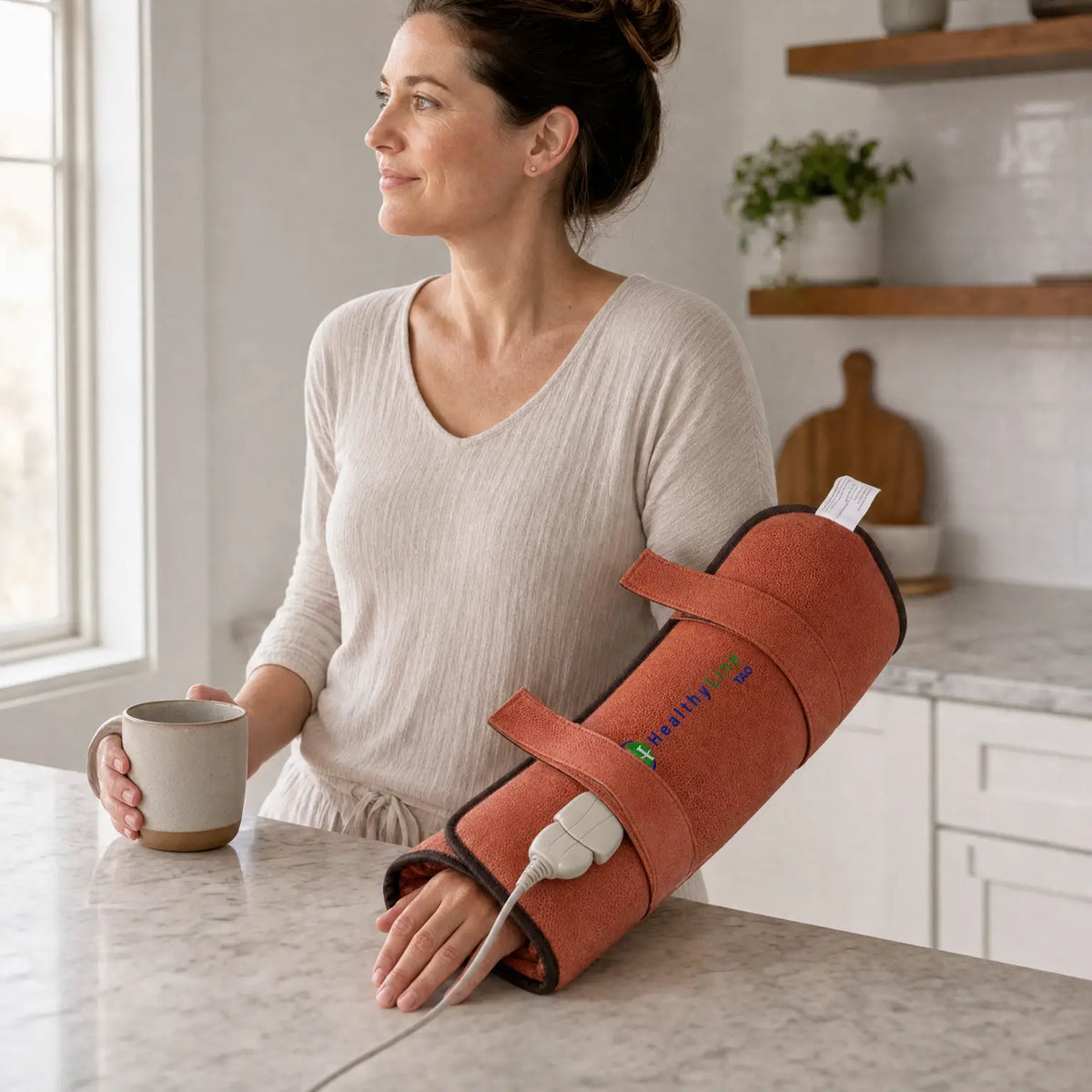 Person holding a mug with the TAO Hand wrapped around their forearm in a kitchen
