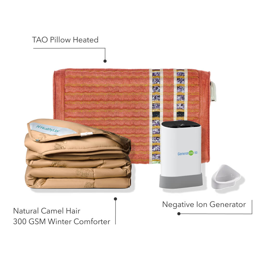 Deep Sleep Gift Set featuring TAO Mat Pillow, Natural Camel Hair Comforter, and Negative Ion Generator for ultimate healing sleep experience