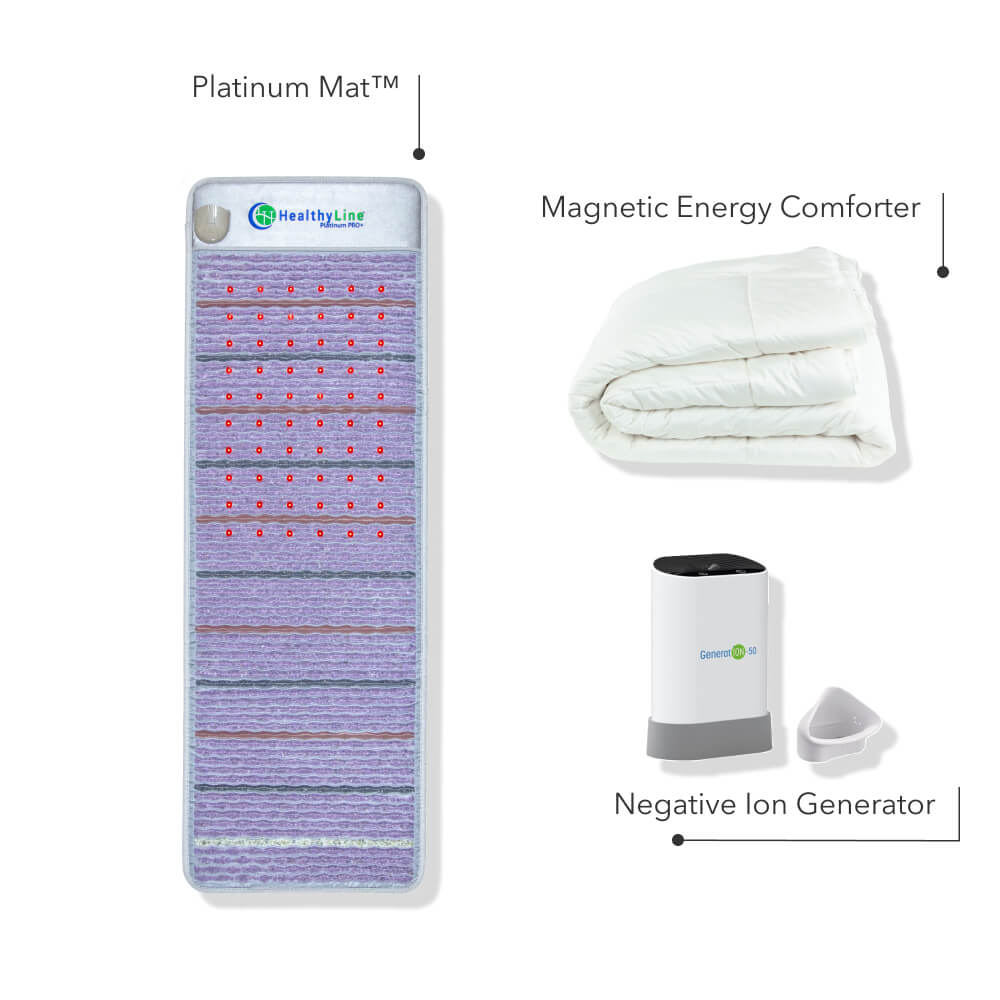 Platinum Mat™ Bundle featuring advanced PEMF, hot gemstone, far infrared, negative ion, and photon light therapies, Cotton Magnetic Energy Comforter Junior Size, and Negative Ion Generator for comprehensive wellness solutions