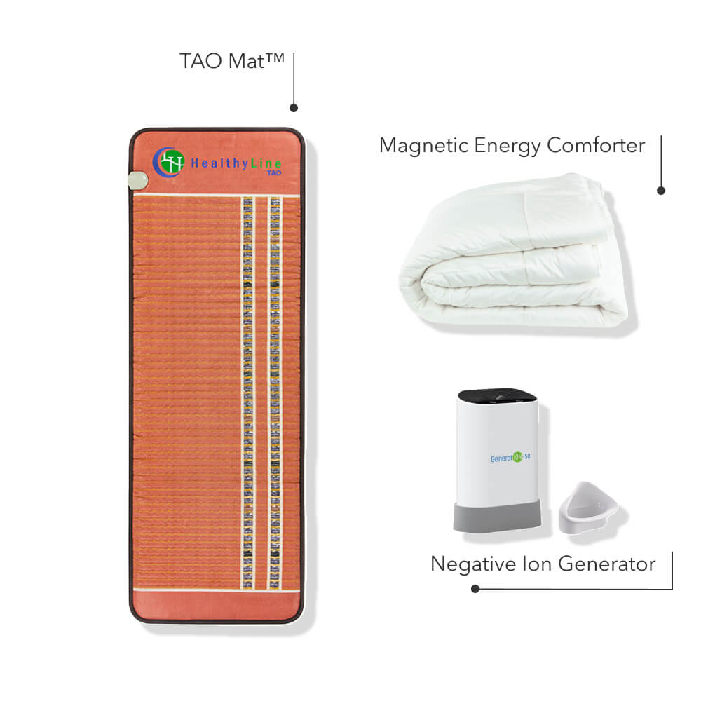 TAO-Mat® Gift Set featuring TAO Mat, Cotton Magnetic Energy Comforter, and Negative Ion Generator for improved wellness and relaxation at home