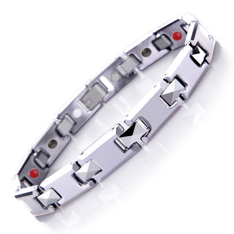 Silver tungsten energy bracelet featuring geometric pyramid-style links and a secure fold-over clasp